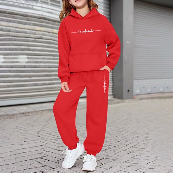 Hpapadks Girls Outfits Casual and Sports Wear Long Sleeve Letter Print Hooded Sweatshirt Sweatpant Set with Pockets Girls' Clothing Sets