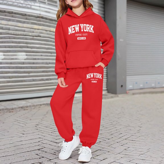 Hpapadks Girls Outfits Casual and Sports Wear Long Sleeve Letter Print Hooded Sweatshirt Sweatpant Set with Pockets Girls' Clothing Sets