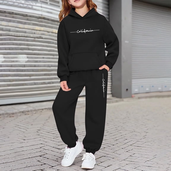 Hpapadks Girls Outfits Casual and Sports Wear Long Sleeve Letter Print Hooded Sweatshirt Sweatpant Set with Pockets Girls' Clothing Sets