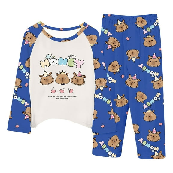 Hpapadks Girls Outfits Cute Capybara Print Long Sleeve Soft Loungewear Tops Pants 2 Piece Pajama Set Girls' Clothing Sets