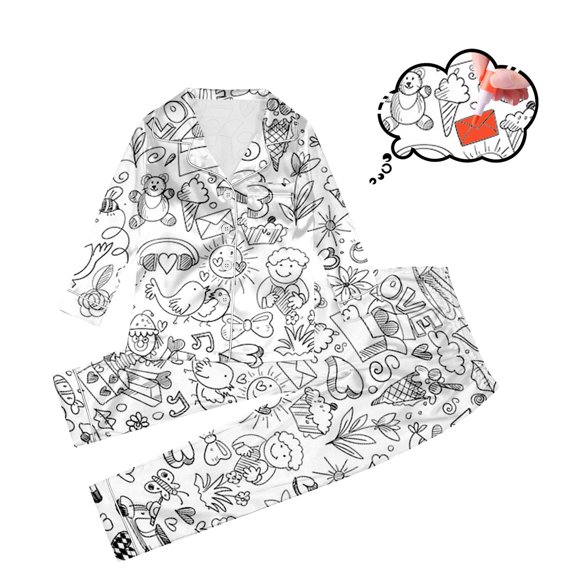 Hpapadks Girls Outfits Doodling Imitation Silk Long Sleeve Cartoon DIY Hand Drawn Button Down Shirt Pant Set Girls' Clothing Sets