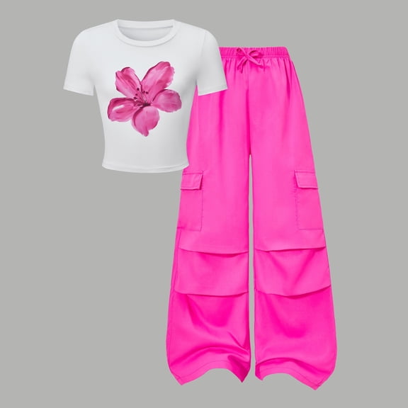 Hpapadks Girls Outfits Girl Casual Playwear Breathable Outfit Short Sleeve Flower Cropped Top Wide Leg Pants Set Girls' Clothing Sets