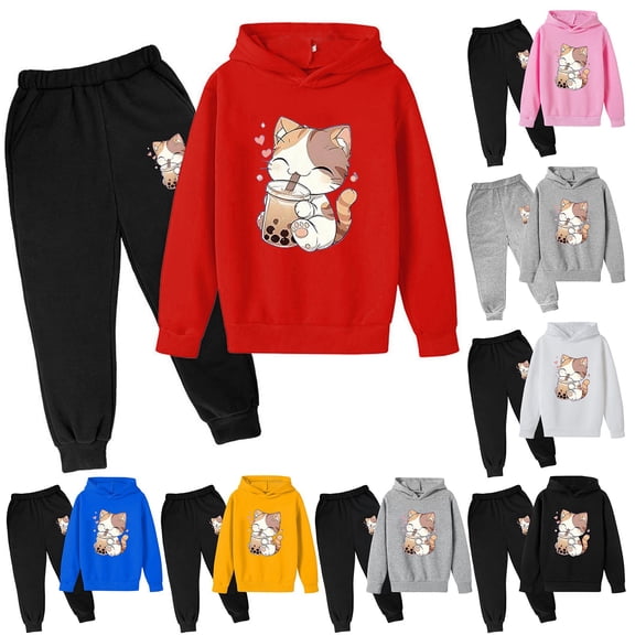Hpapadks Girls Outfits Kids Casual 2 Piece Outfit Cuet Cat Print Hooded Hoodie Soft Pants Comfy Daily Sweatsuit Girls' Clothing Sets