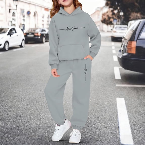 Hpapadks Girls Outfits Kids Fleece Tracksuit Winter Warm Letter Print Hooded Hoodie Pants Casual Sweatsuit Girls' Clothing Sets