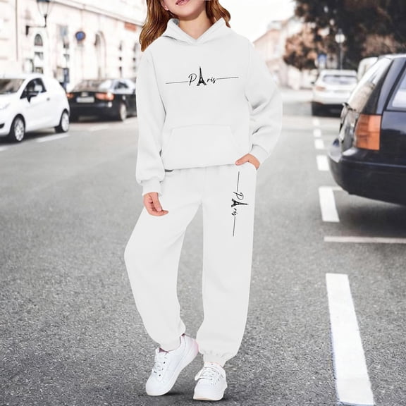 Hpapadks Girls Outfits Kids Fleece Tracksuit Winter Warm Letter Print Hooded Hoodie Pants Casual Sweatsuit Girls' Clothing Sets