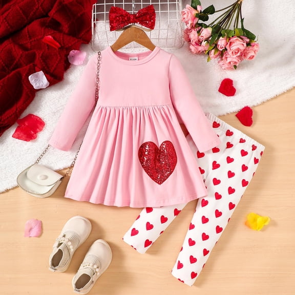 Hpapadks Girls Outfits Long Sleeve Valentine's Day Sequin T Shirt Dress Tops Heart Prints Pants Headbands Outfit Girls' Clothing Sets