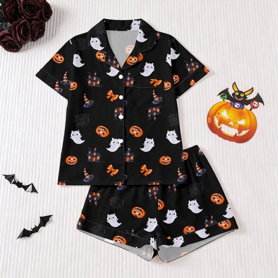 Hpapadks Girls Pajama Set Halloween Lapel Short Sleeve Kids Pajama Set Robe Girls Pjs Black 3-4 Years