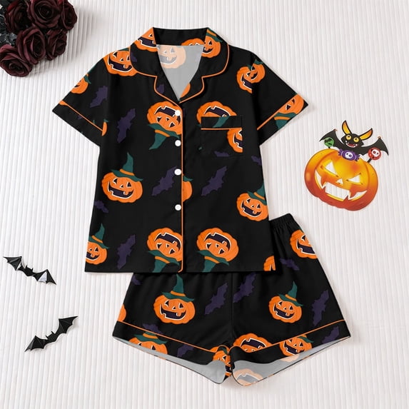 Hpapadks Girls Pajama Set Kids Halloween Print Short Sleeve Shorts Sleepwear Set Comfort Boys Pjs Black 3-4 Years