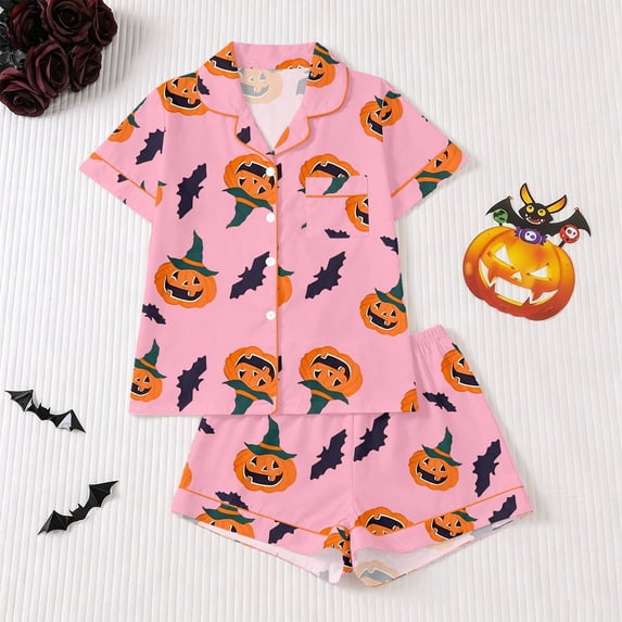 Hpapadks Girls' Pajama Sets Kids Halloween Print Short Sleeve Shorts Sleepwear Set Comfort Pjs for Boys Pink 3-4 Years