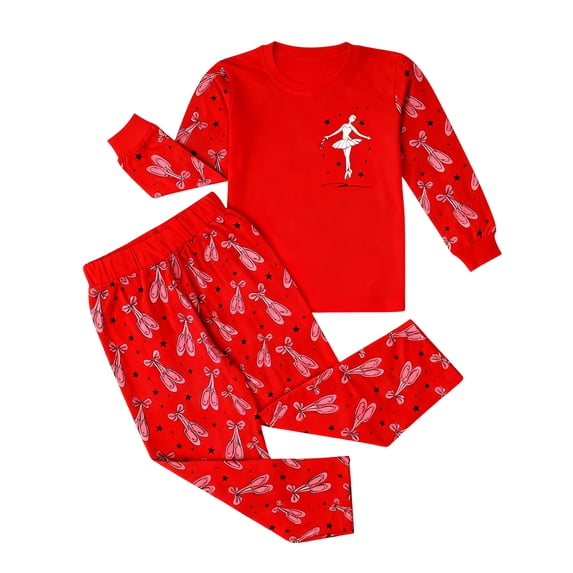 Hpapadks Girls Pajamas Ballet Print Pajama Set Long Sleeve Top and Pants Boys Pjs Red 2-3 Years