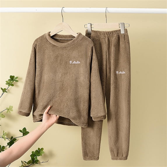 Hpapadks Girls Pajamas Kids Fleece Pajama Set Cozy Long Sleeve Top Pants Family Wear Boys Pjs Coffee 6-7 Years