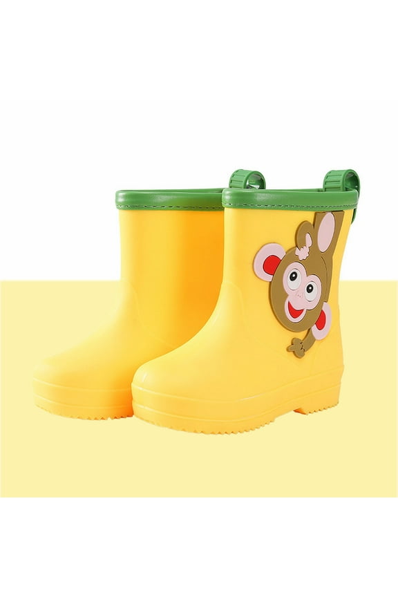 Girls Rain Boots Monkey Cartoon Waterproof Non Slip Water Shoes With Easy On Handles Hiking Outdoor Play Wide Calf Rubber Yellow 2.5-3 Y