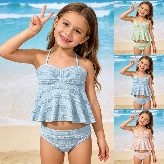 Hpapadks Girls Swimsuit Solid High Elasticity Ribbed Textured Tankini 2 Piece Girls' Swimwear Girls Bathing Suit Pink 15-16 Years