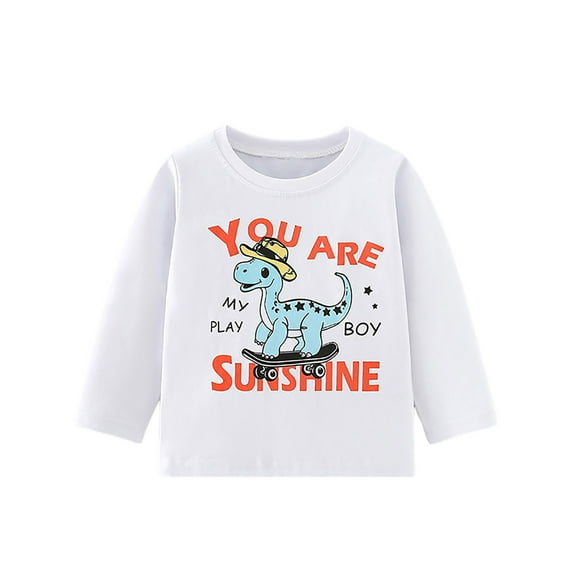 Hpapadks Girls Tops Casual Cartoon Letter Dinosaur Print Long Sleeve Crew Neck Base Top Boys Tshirts White 6-7 Years