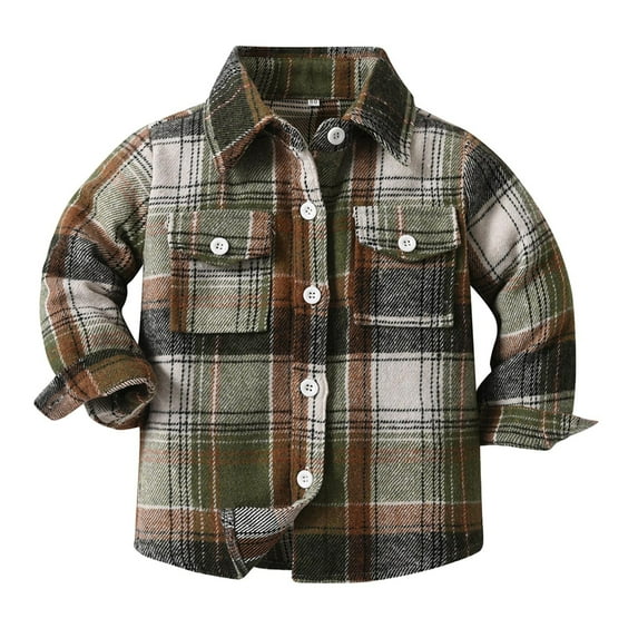 Hpapadks Girls Tops Kids Long Sleeve Lapel Button Down Plaid Shirt Coat Tops with Pockets Boys Shirts Green 6 Months-12 Months