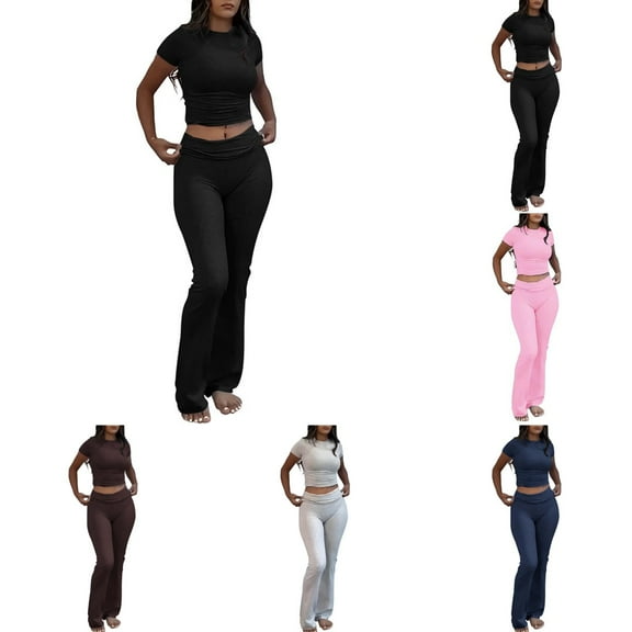 Hpapadks Gym Sets for Women 2 Piece Slim Short Sleeve Solid Tops Low Rise Flare Leggings Pants Set Yoga Sweatsuit Yoga Sets for Women Black L