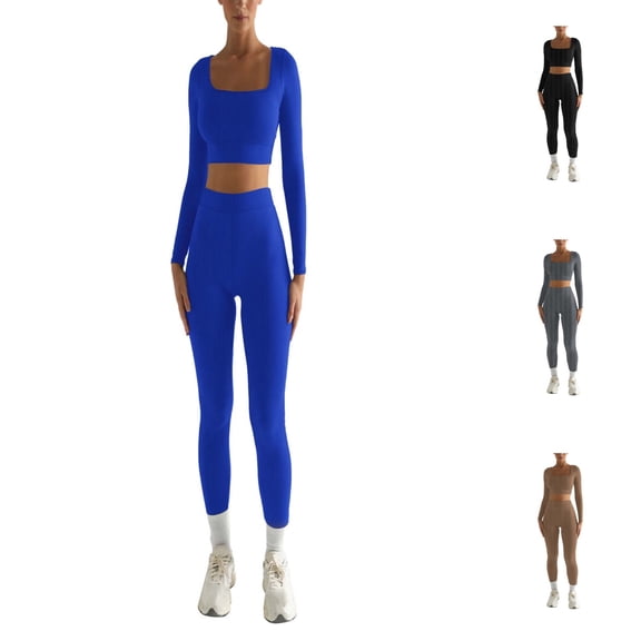 Hpapadks Gym Sets for Women 2 Piece Solid Color Long Sleeve Square Collar Slim Sports Crop Tops Pants Yoga Suit Yoga Outfits for Women Blue M