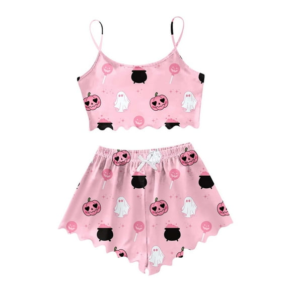 Hpapadks Halloween Cute Pajama Sets for Women Cute Print Spaghetti Strap Lettuce Trim Cami and Shorts 2 Piece Sleepwear Pjs Sets for Women Pink