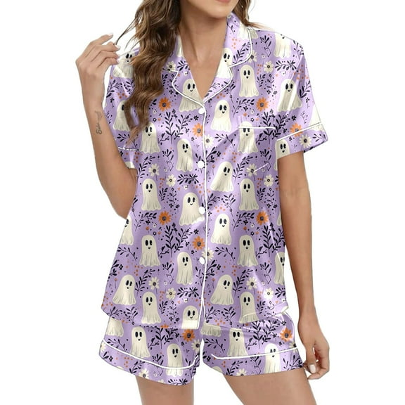 Hpapadks Halloween Cute Pajama Sets for Women Silk Button Down 2 Piece Silk Sleepwear Shorts Ruffle Notch Collar Womens Pjs Sets Purple
