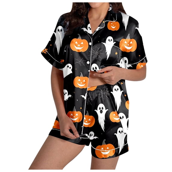 Hpapadks Halloween Pajama Set Women Satin Button Down 2 Piece Silk Sleepwear Shorts Ruffle Notch Collar Womens Pjs Sets Dark Gray