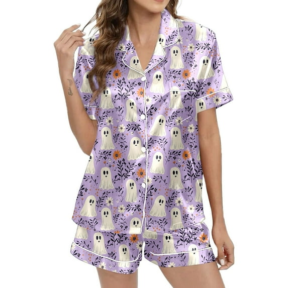 Hpapadks Halloween Pajamas Women Silk Button Down 2 Piece Silk Sleepwear Shorts Ruffle Notch Collar Womens Pjs Sets Purple