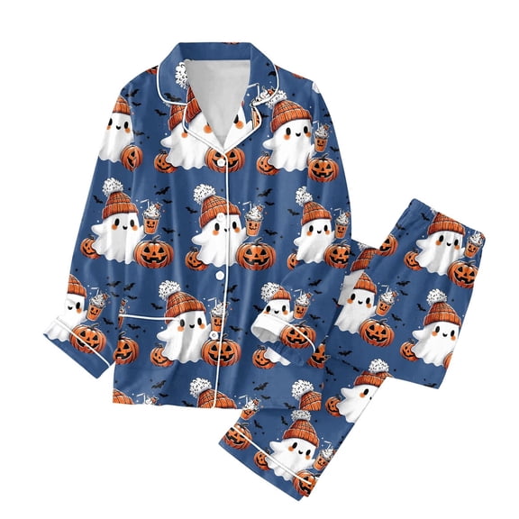 Hpapadks Halloween Pajamas for Women Set Graphic Long Sleeve Button Down Shirts and Pants 2 Piece Sleepwear Womens Pjs Sets Light Blue