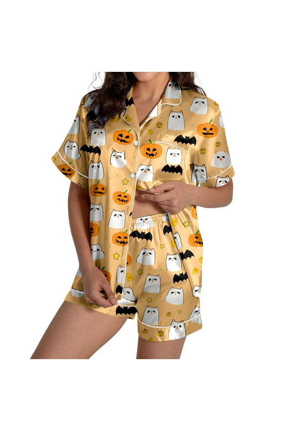 Halloween Sexy Pajama Set for Women Pumpkin Graphic Button Down Short Sleeve Shirts and Shorts 2 Piece Sleepwear Silk Womens Pjs Light Yellow