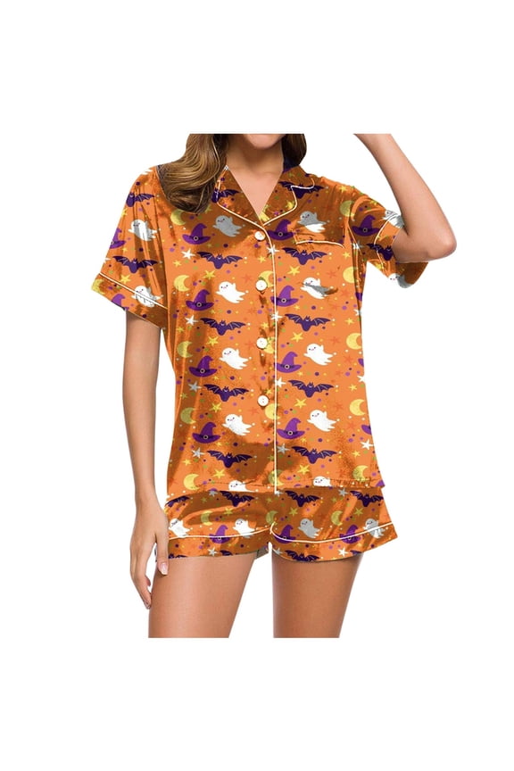 Halloween Sexy Pajama Set for Women Satin Silk Pumpkin Graphic Short Sleeve Sleepwear 2 Piece Button Down Top and Shorts Women Pjs Sets Orange