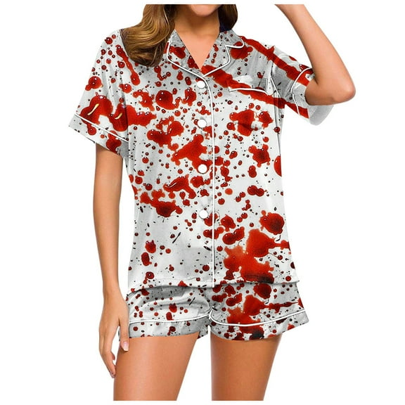 Hpapadks Halloween Sexy Pajama Set for Women Satin Silk Short Sleeve Button Down Top and Shorts Soft Sleepwear 2 Piece Pjs Sets for Women Watermelon Red