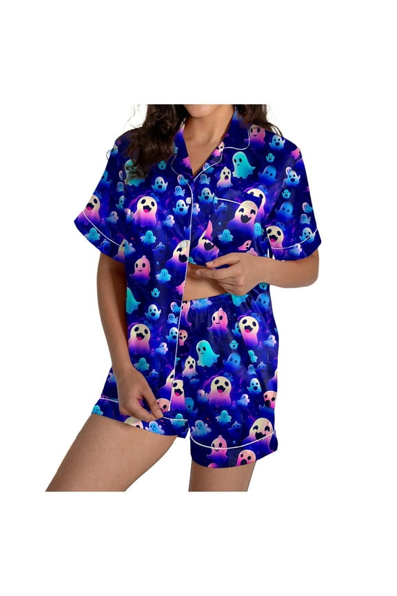 Halloween Sexy Pajama Set for Women Pumpkin Print Short Sleeve Button Down 2 Piece Women Pjs Blue