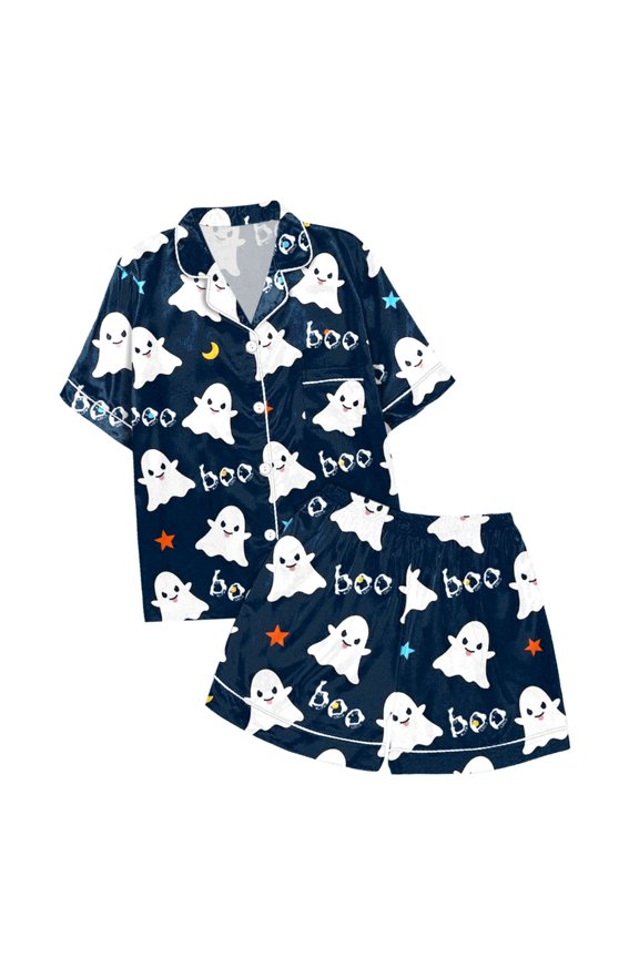 Halloween Sexy Pajama Set for Women Satin Silk Pumpkin Graphic Short Sleeve Sleepwear 2 Piece Button Down Top and Shorts Womens Pjs Navy