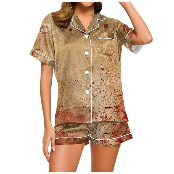 Hpapadks Halloween Women Pajama Sets Satin Silk Short Sleeve Button Down Top and Shorts Soft Sleepwear 2 Piece Womens Pjs Sets Khaki