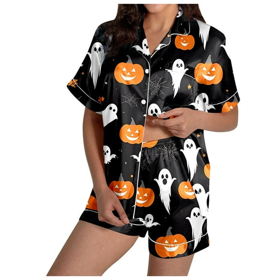 Hpapadks Halloween Women's Pajama Sets Satin Button Down 2 Piece Silk Sleepwear Shorts Ruffle Notch Collar Pjs Sets for Women Dark Gray