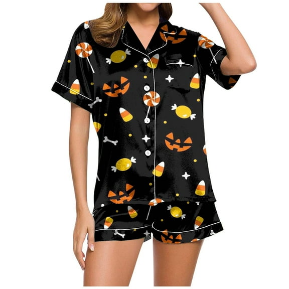 Hpapadks Halloween Women's Pajama Sets Satin Silk Pumpkin Graphic Short Sleeve Sleepwear 2 Piece Button Down Top and Shorts Pjs Sets for Women Light Gray