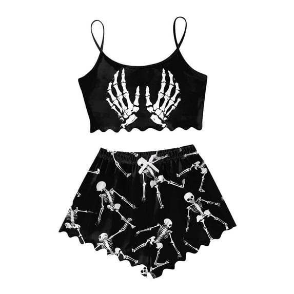 Hpapadks Halloween Womens Pajama Sets Cute Print Lettuce Trim Cami and Shorts 2 Piece Sleepwear Women Pjs Sets Black3