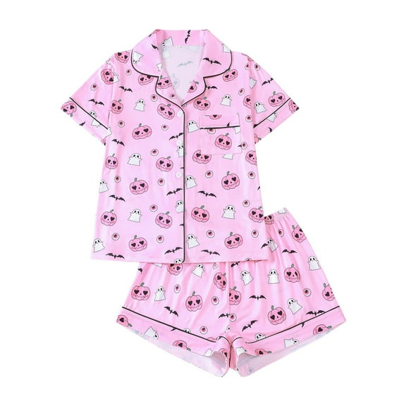Hpapadks Halloween Womens Pajamas Pumpkin Graphic Button Down Shorts Soft Comfy Night Wear Cute 2 Piece Sleepwear Women Pjs Sets Pink