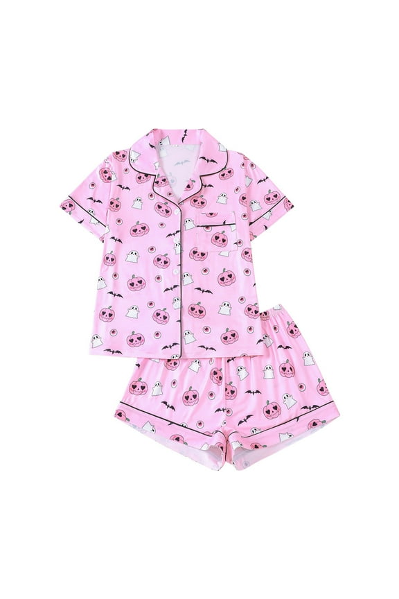 Halloween Womens Pajamas Pumpkin Graphic Button Down Shorts Soft Comfy Night Wear Cute 2 Piece Sleepwear Women Pjs Sets Pink