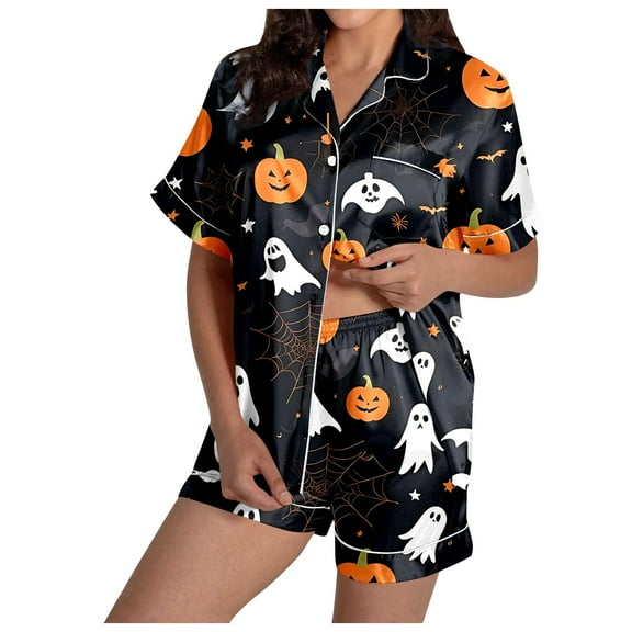 Hpapadks Halloween Womens Pajamas Satin Button Down 2 Piece Silk Sleepwear Shorts Ruffle Notch Collar Womens Pjs Sets Black