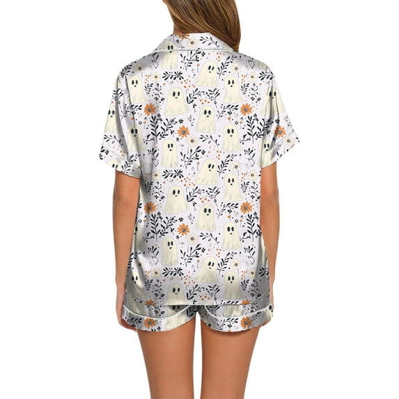 Hpapadks Halloween Womens Pajamas Set Silk Button Down 2 Piece Silk Sleepwear Shorts Ruffle Notch Collar Women Pjs White