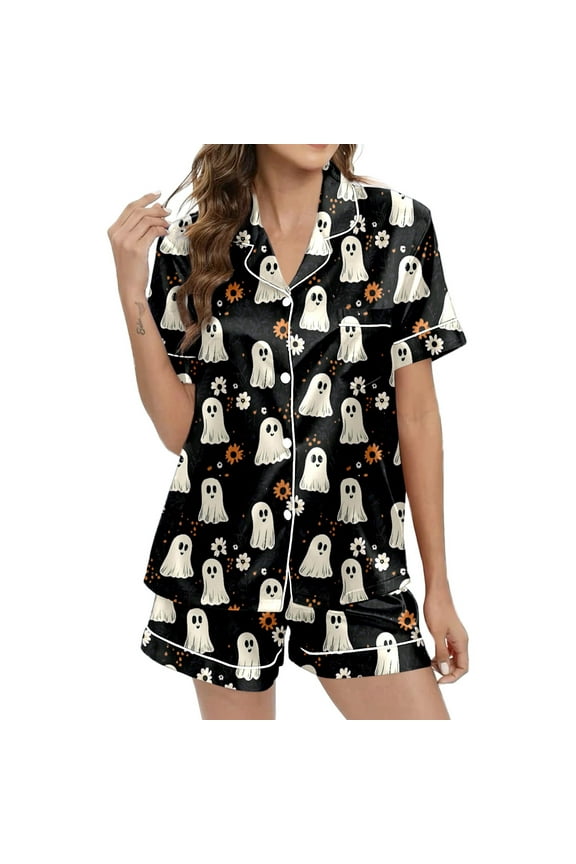 Halloween Womens Pajamas Silk Button Down 2 Piece Silk Sleepwear Shorts Ruffle Notch Collar Pjs Sets for Women Black