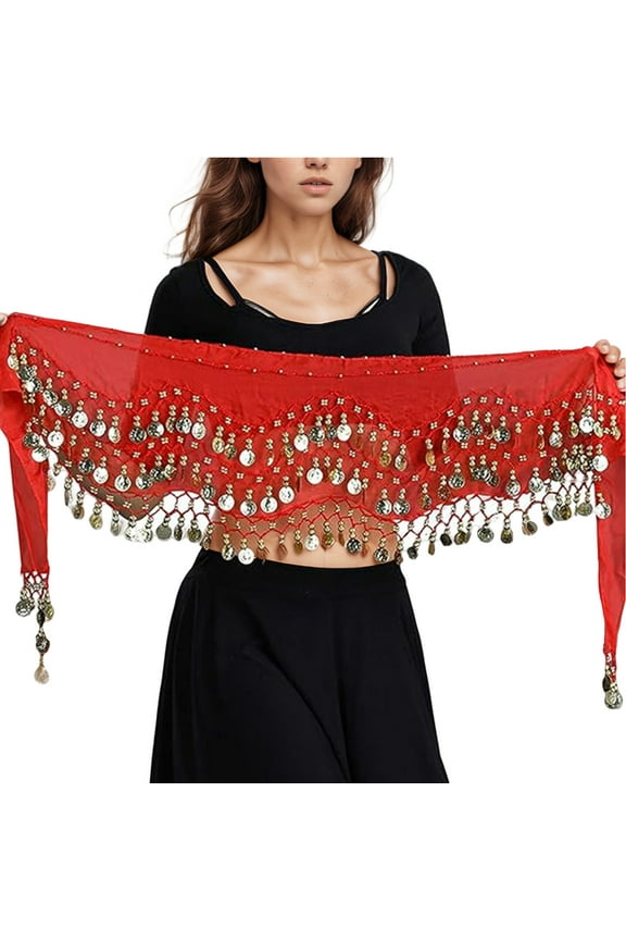 High Waisted Skirts for Women Belly Dance Chiffon Hip Scarf with 98 Coins Chain Red One Size