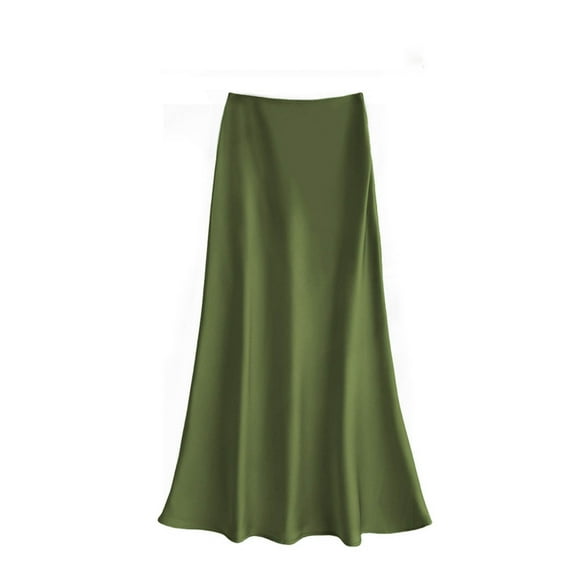 Hpapadks High Waisted Skirts for Women Elegant High Waist Satin Solid Color Soft Flowy Stretch Versatile Midi Skirt Army Green M