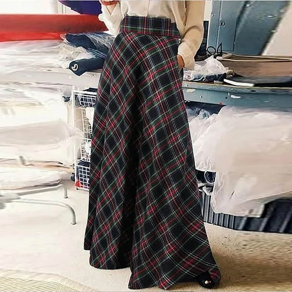Hpapadks High Waisted Skirts for Women High Waist Casual Side Slit A Line Boho Versatile Flowy Plaid Maxi Skirt Black XL