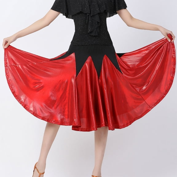 Hpapadks High Waisted Skirts for Women Latin Practice Ballroom Dancing Performance Flared Midi Length Elegant Swing Skirt Red M