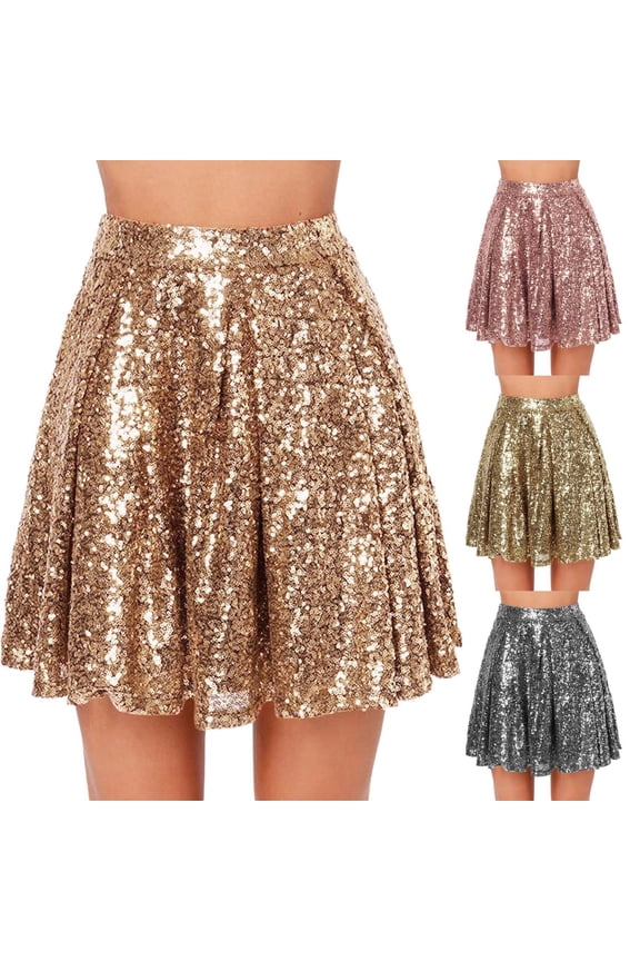 Holiday Skirts for Women High Waist Pleated Solid Color Short Loose Sequin Skirt Gold L