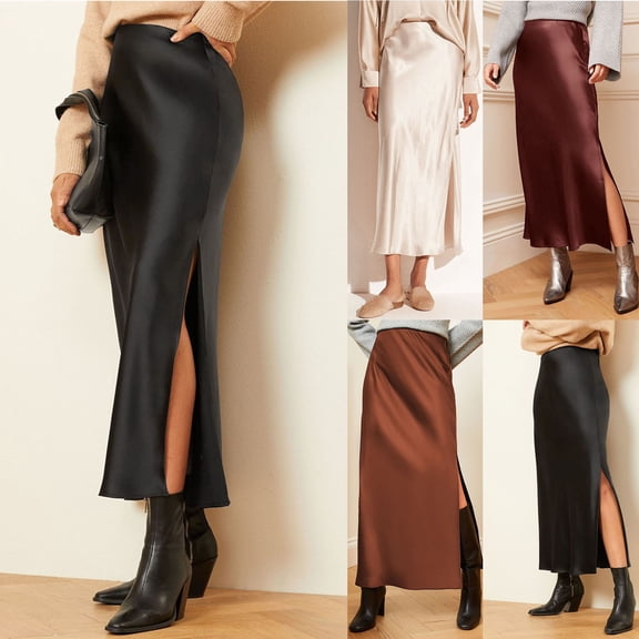 Hpapadks Holiday Skirts for Women High Waist Solid Satin Dress Elastic Waist Elegant Side Slit Skirt Beige L