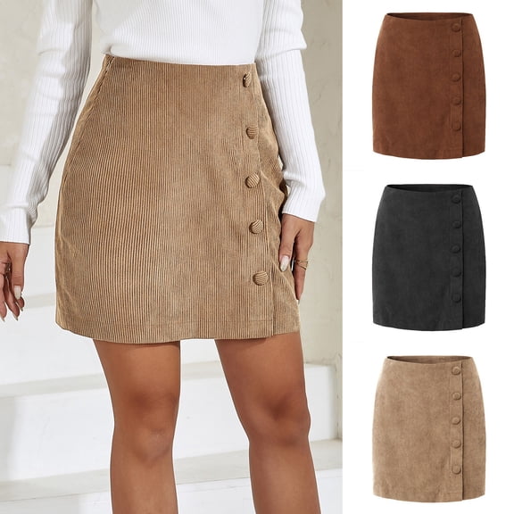 Hpapadks Holiday Skirts for Women Solid High Waist Corduroy Single Breasted Slim Fit Bodycon Skirt Beige L