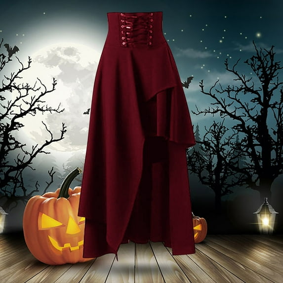 Hpapadks Holiday Skirts for Women Steampunk Gothic Vintage Irregular Solid Lace Midi Skirt Wine L