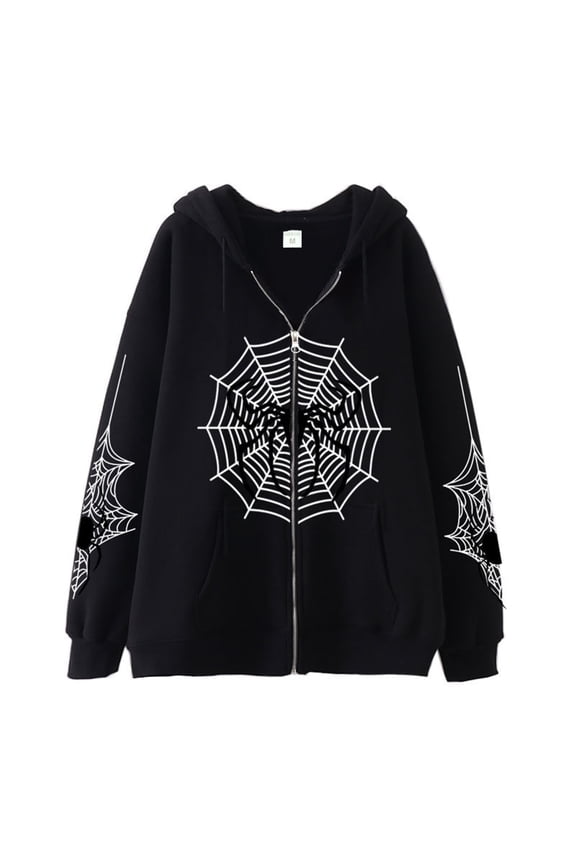 Hoodie Men Halloween Retro Spider Web Print Full Zip Hoodies Pullover with Pocket Oversized Long Sleeve Hooded Jacket Mens Sweatshirts