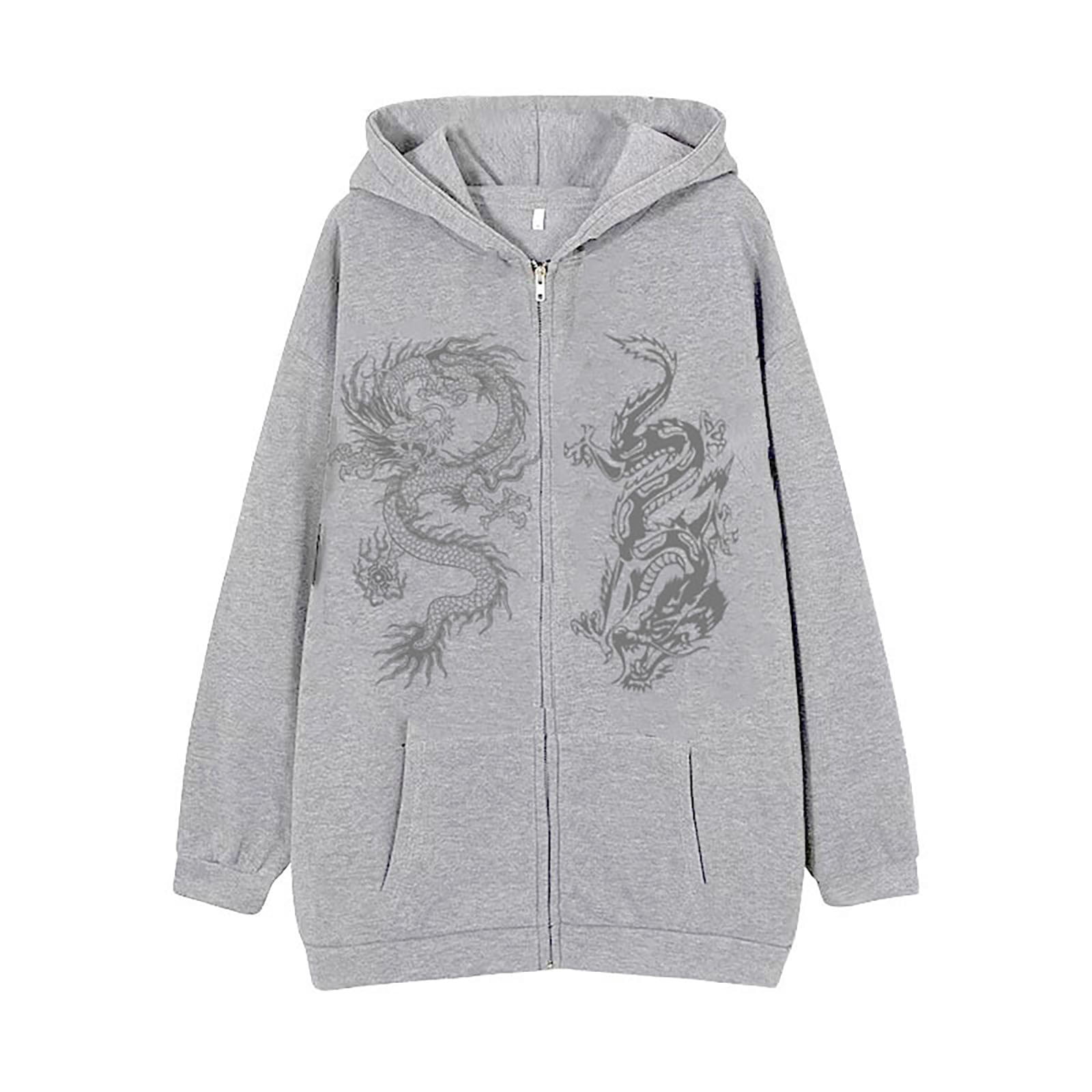 Hpapadks Hoodie Men Oversized Full Zip Hoodies Pullover with Chinese Dragon Print Gothic Graphic Hooded Jacket Sweatshirts for Men